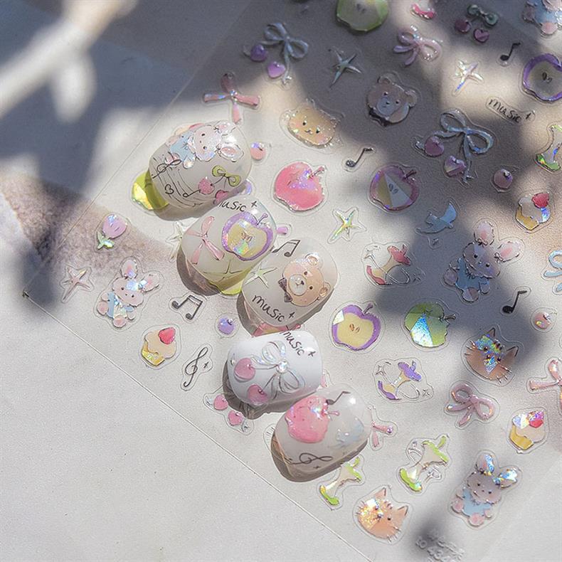 Cute Pink Graffiti Nail Art Stickers Tomoni Embossed 3D Apple Cake Kidsren's Nail Sticker Decorations