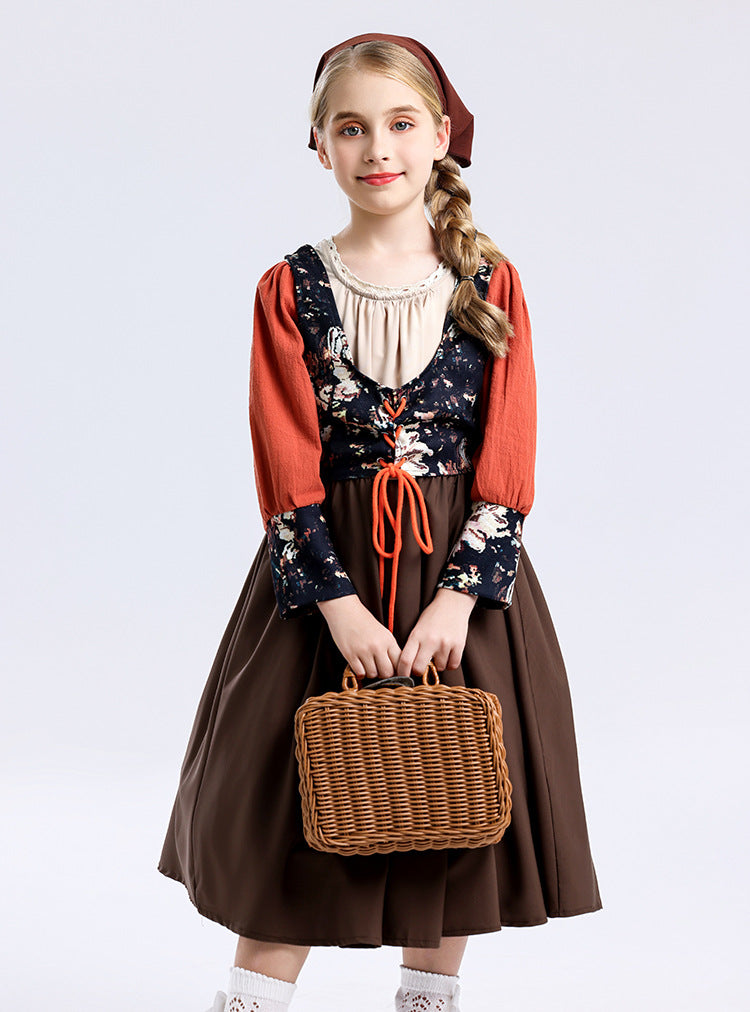 Foreign Trade Supply Medieval Pastoral Style Farm Girl Dress Retro Oil Painting Style Halloween Children's Clothing