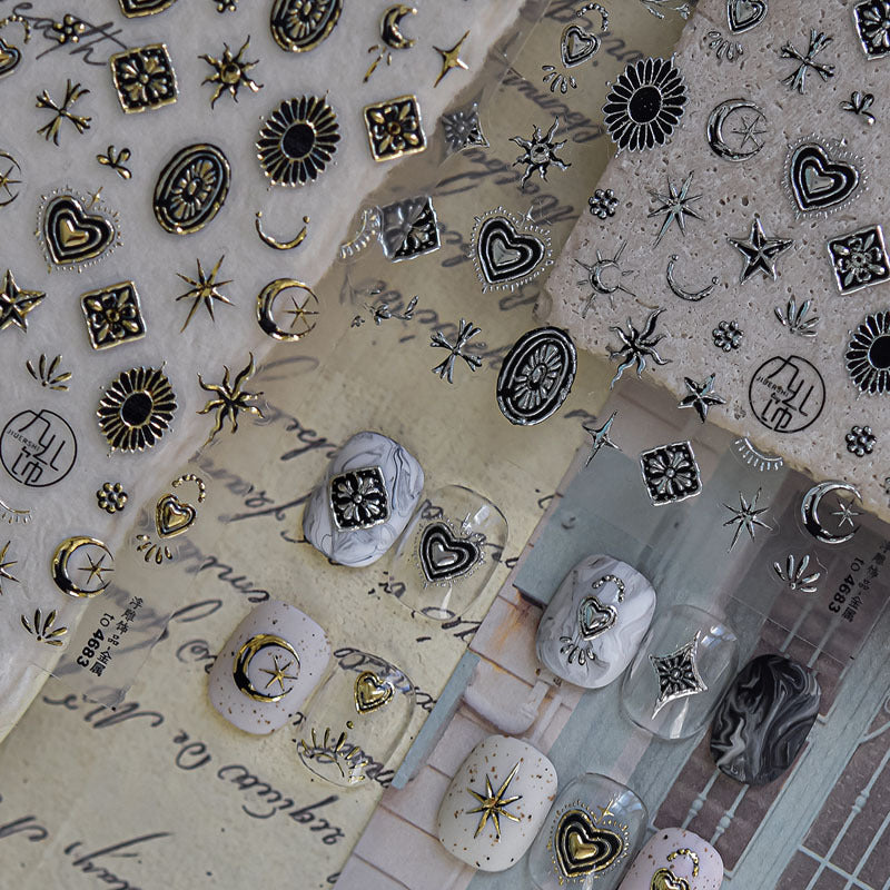 Metal Star and Moon Nail Art Stickers Embossed New 3D Stereo Popular Ins Gold and Silver Punk Nail Sticker Decorations