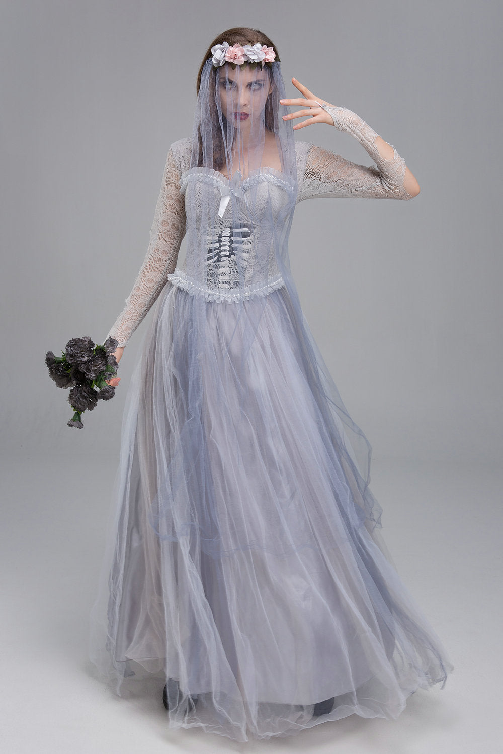 Foreign Trade Halloween Horror Gray Skeleton Ghost Bride Dress Ghost Zombie Costume for Masquerade Performance