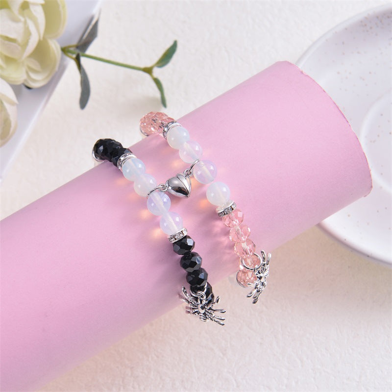 Personalized Dark Wind Halloween Spider Pendant Bracelet suit 8mm Crystal Onyx Stone Beaded Couple Bracelet