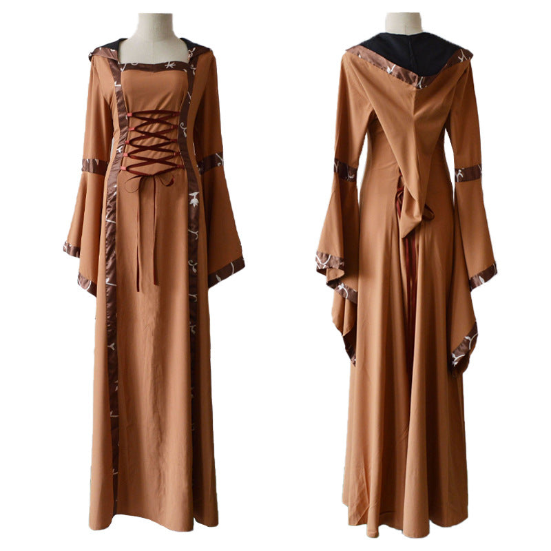 Large Size Halloween European and American Popular Women's Medieval Vintage Hooded Dress Square Collar Trumpet Sleeve Large Dress