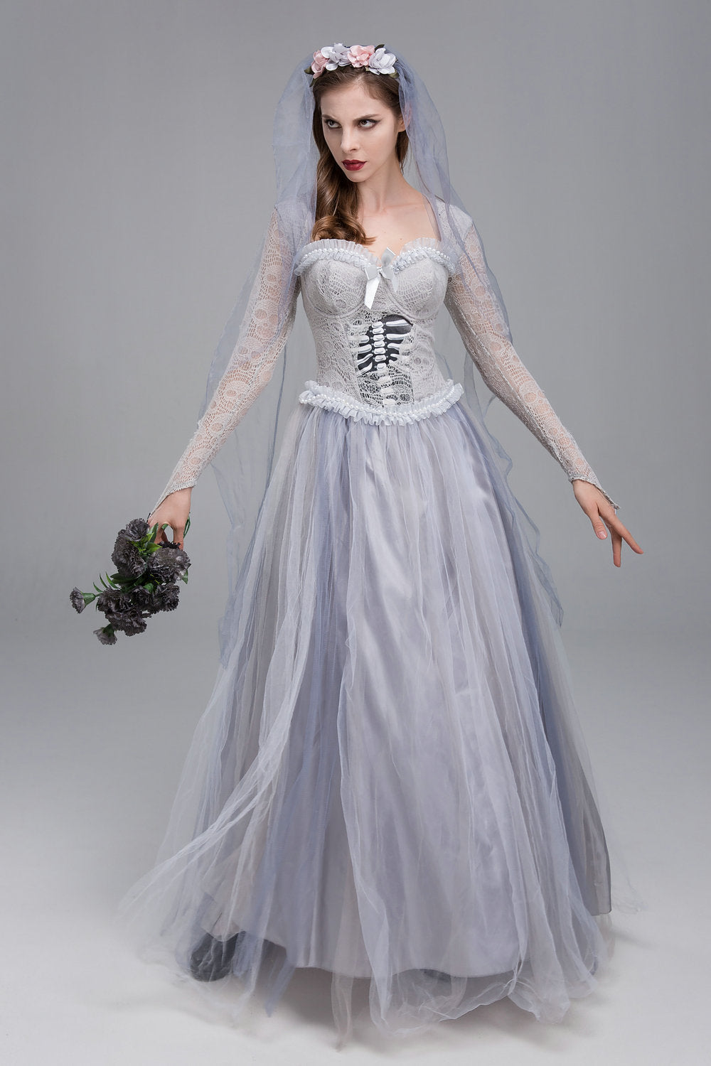 Foreign Trade Halloween Horror Gray Skeleton Ghost Bride Dress Ghost Zombie Costume for Masquerade Performance