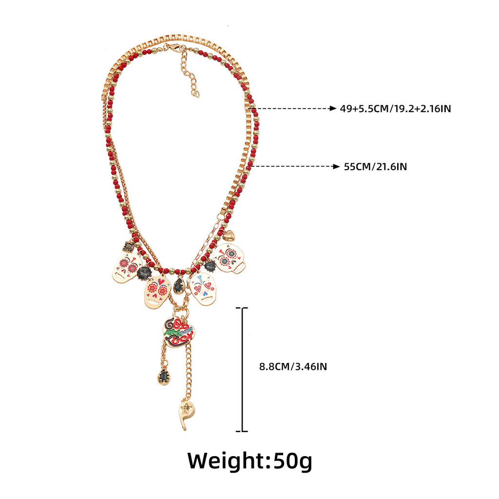 Za European and American Retro Halloween Metal Skull Heart Whistle Two-Piece Necklace Hand-Woven Cross-Border Supply