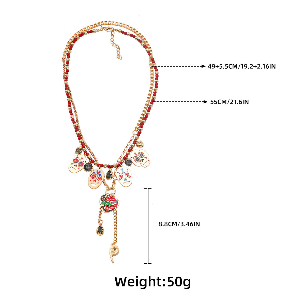 Za European and American Retro Halloween Metal Skull Heart Whistle Two-Piece Necklace Hand-Woven Cross-Border Supply