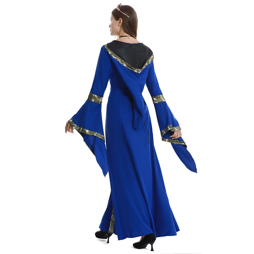 European and American Halloween Retro Medieval Hooded Dress Square Collar Lace-up Trumpet Sleeve Large Dress Stage Performance Dress