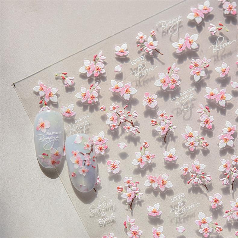 Spring Cherry Blossom Nail Stickers New Embossed 5D Three-Dimensional Japanese Style Internet Celebrity Ins Flower Nail Sticker Decorations