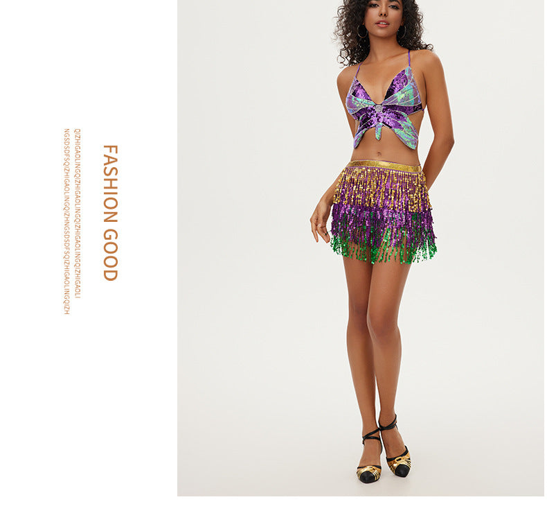 Halloween New Belly Dance Beads Waist Chain 4 Layer Beads Sequins Dance Performance Hip Towel Tassel Waist Seal Belt