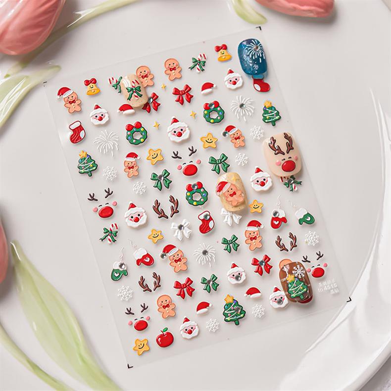 Crystal Diamond Happy Christmas Nail Art Stickers Tomoni Embossed Ins Cute Elk Gingerbread Man Nail Sticker Decoration