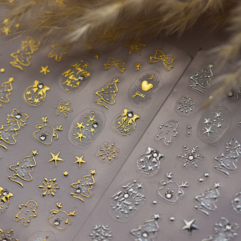 Gold Foil Christmas Tree Nail Stickers New Embossed Ins 3D Internet Celebrity 3D Snowflake Nail Stickers Decoration