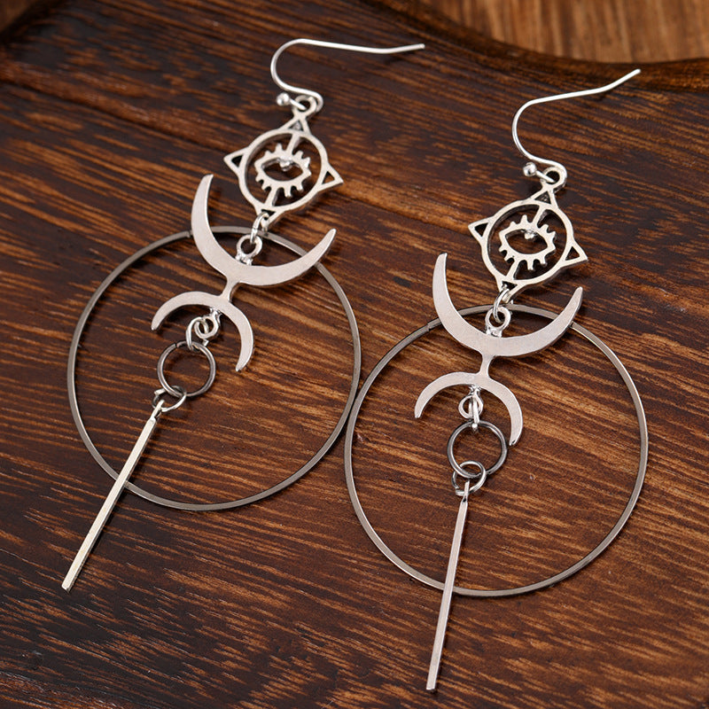 Gothic Devil's Eye Punk Earrings Halloween Accessories Ancient Silver Moon Metal Long Earrings Cross-Border