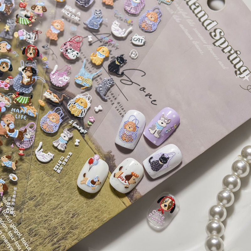 Happy Cute Pet Cat and Puppy Nail Art Stickers Embossed New 3D Stereo 5D Cute Nail Sticker Decorations