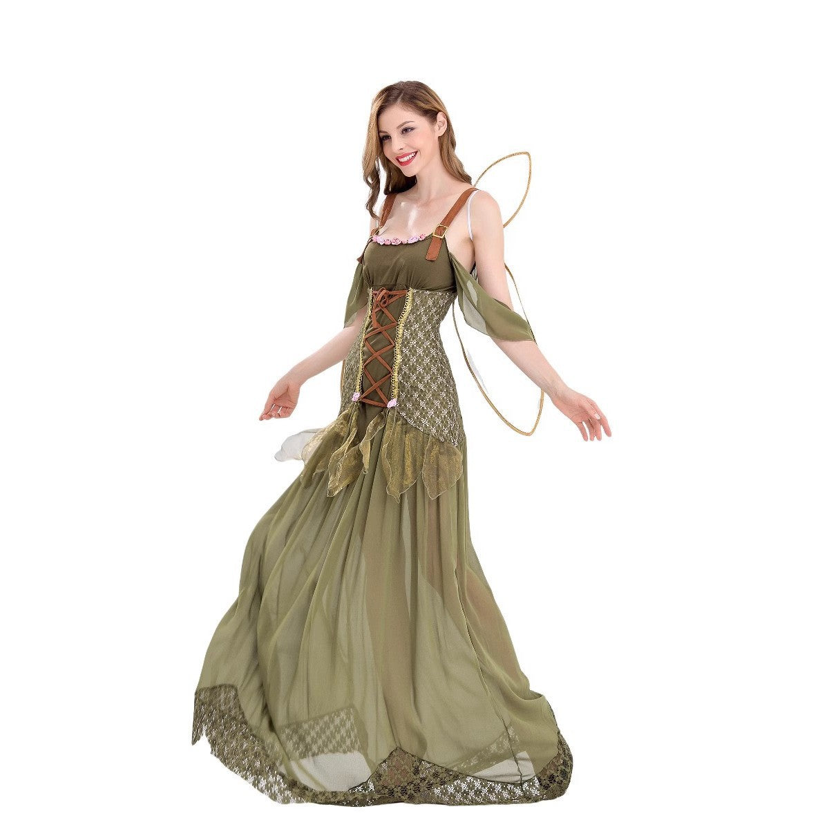 2025 Halloween New Costume Forest Green Elf Flower Fairy Princess Angel Long Dress Ds Performance Costume
