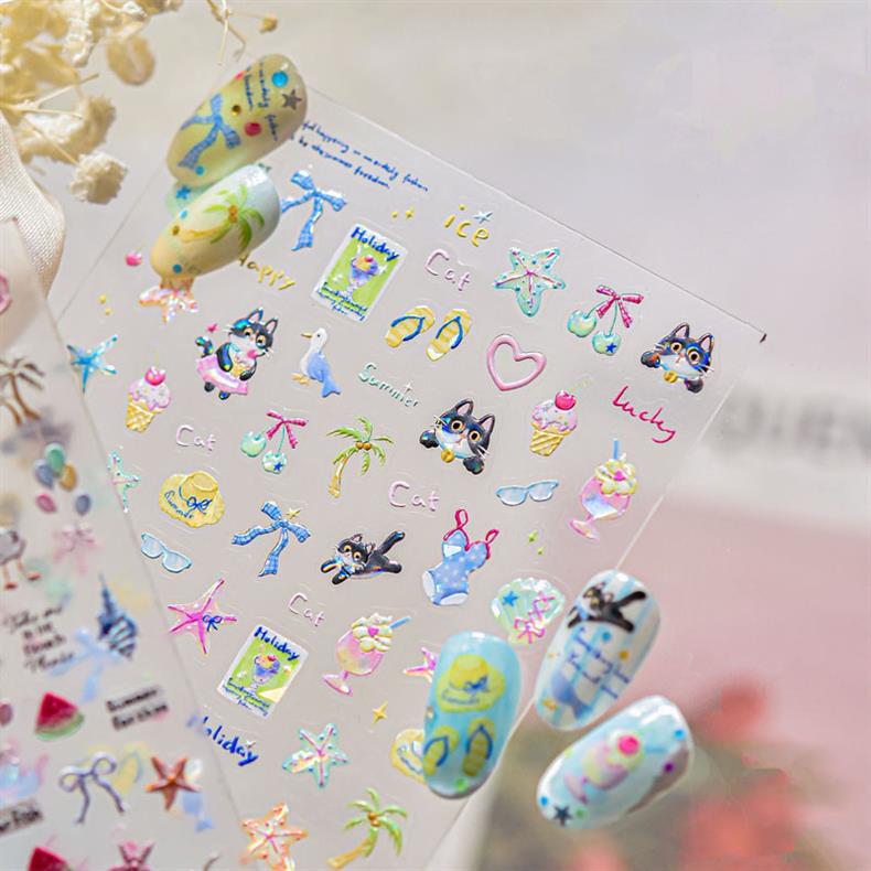 Kitten's Summer Nail Art Stickers Embossed New 3D Ins Fresh Ocean Cute Pet Nail Stickers Decoration