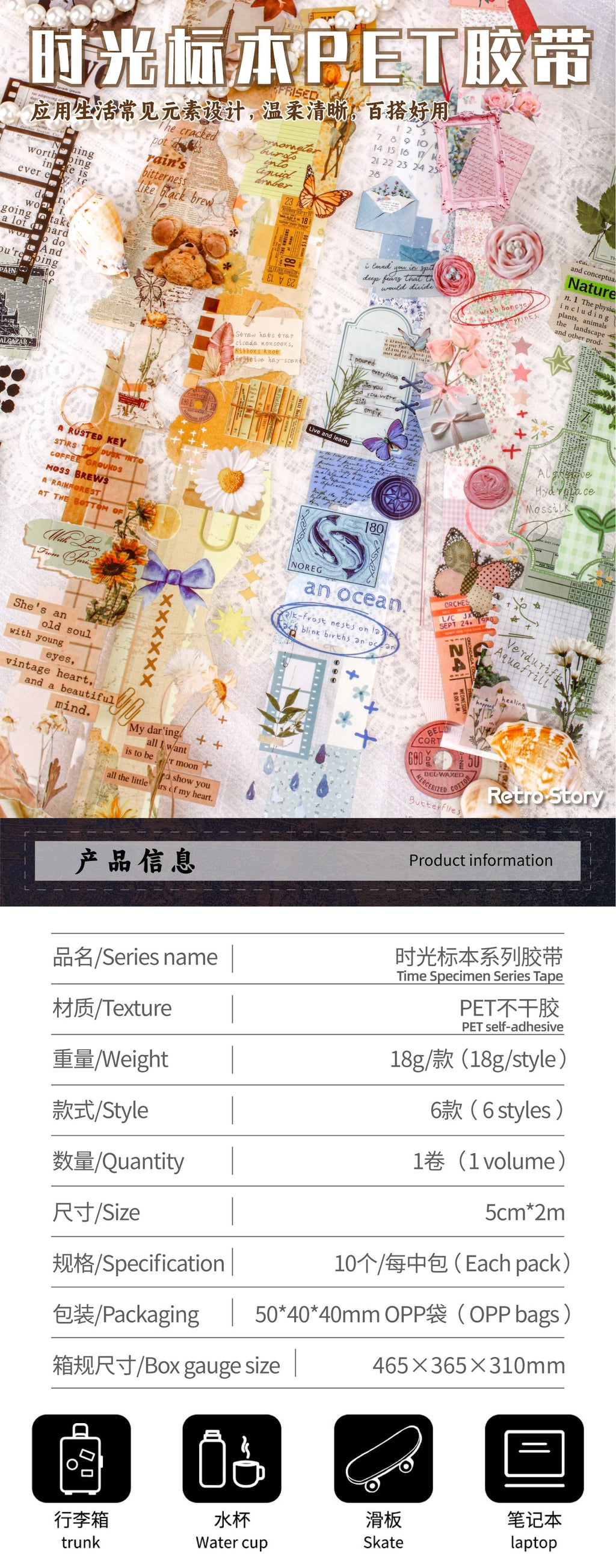 Retrostory Time Specimen Creative Decoration Collage Material Pack Material Pain Pack Sticker Handbook Material Tape