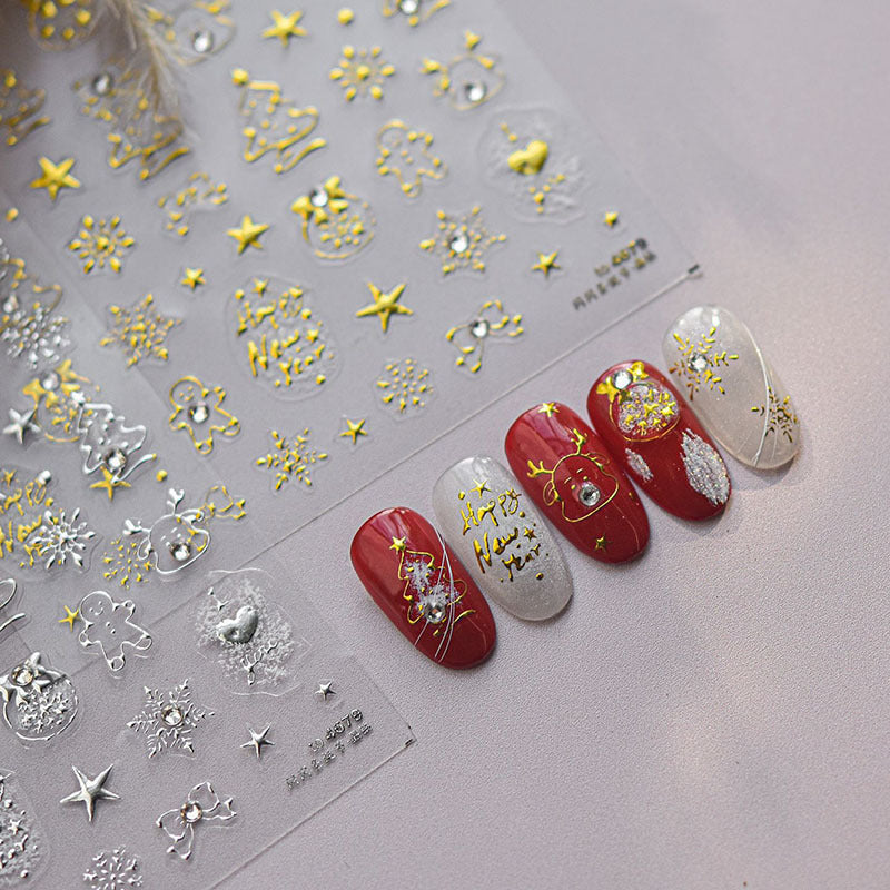 Gold Foil Christmas Tree Nail Stickers New Embossed Ins 3D Internet Celebrity 3D Snowflake Nail Stickers Decoration