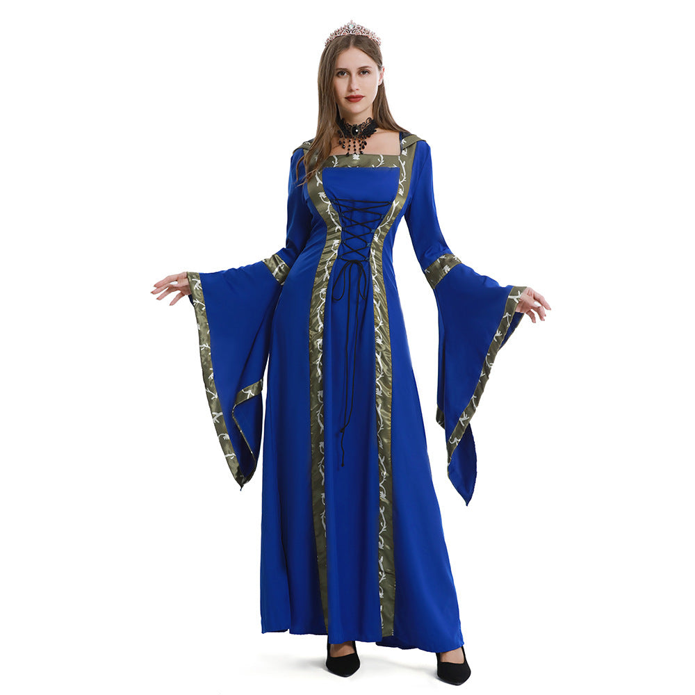 European and American Halloween Retro Medieval Hooded Dress Square Collar Lace-up Trumpet Sleeve Large Dress Stage Performance Dress