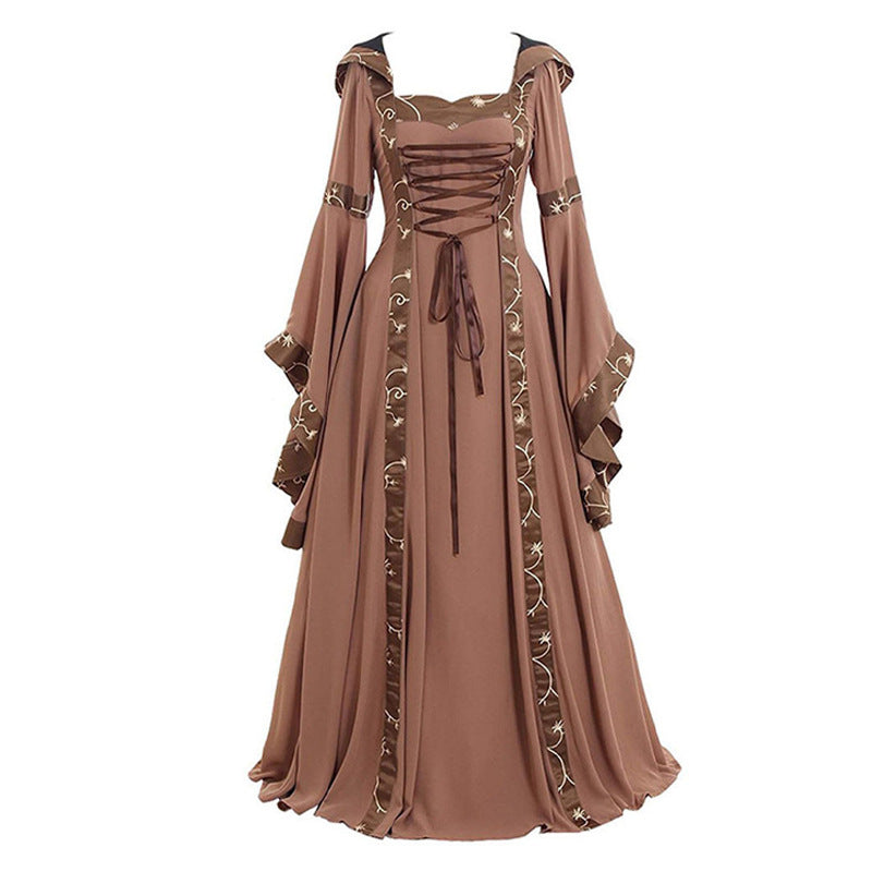 Large Size Halloween European and American Popular Women's Medieval Vintage Hooded Dress Square Collar Trumpet Sleeve Large Dress