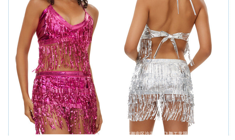 Halloween European and American sequins watch performance top belly dance tassel top DS nightclub stage sling party bra