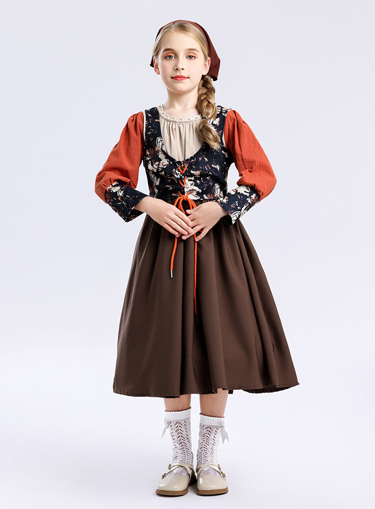 Foreign Trade Supply Medieval Pastoral Style Farm Girl Dress Retro Oil Painting Style Halloween Children's Clothing