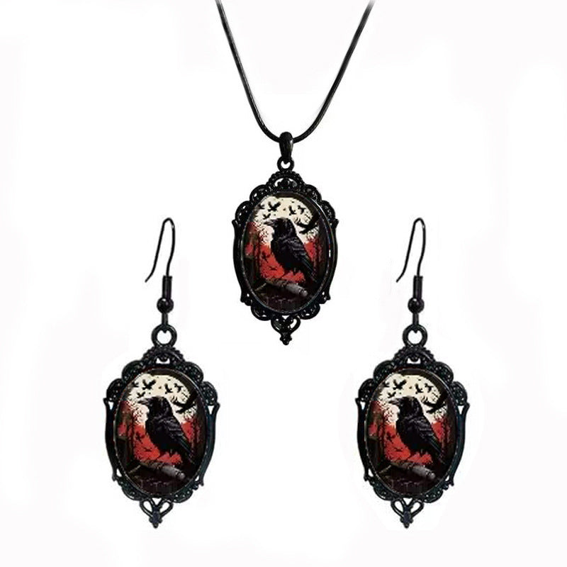 Cross-Border Hot Selling Halloween Gothic Crow Earrings Necklace Set Factory Direct Sale
