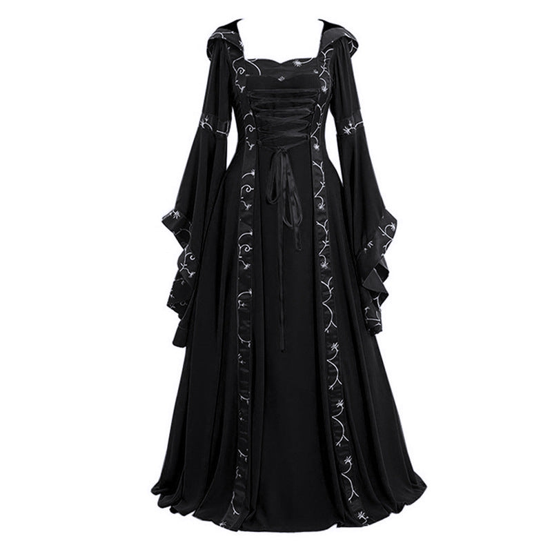 Large Size Halloween European and American Popular Women's Medieval Vintage Hooded Dress Square Collar Trumpet Sleeve Large Dress