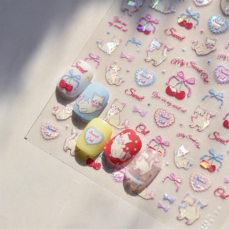 Cherry Kitten Nail Art Stickers New Embossed 5D Stereo Cute Bow Cute Pet Nail Sticker Decoration