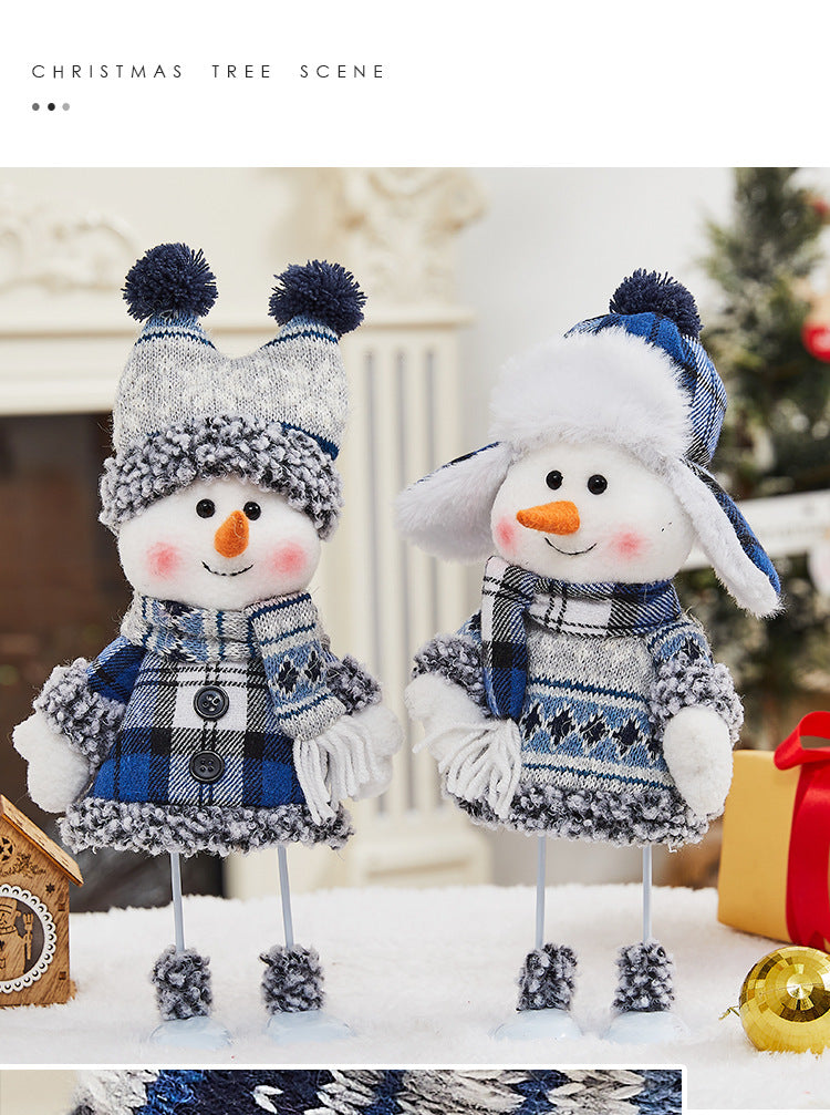 Cross Border Christmas Decorations Ski Snowman Doll Desktop Doll Blue Gauge Fabric Christmas Iron Feet Snowman Ornaments