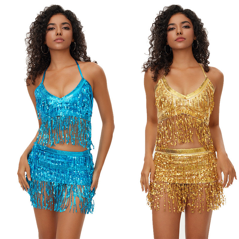 Halloween European and American sequins watch performance top belly dance tassel top DS nightclub stage sling party bra