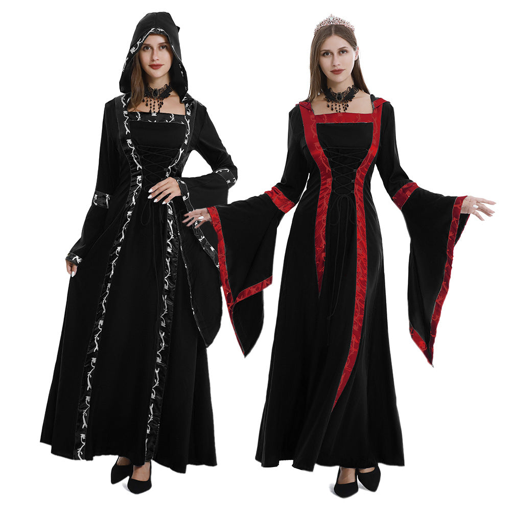 European and American Halloween Retro Medieval Hooded Dress Square Collar Lace-up Trumpet Sleeve Large Dress Stage Performance Dress
