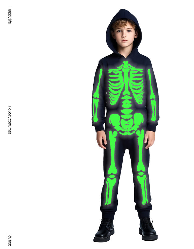 Cross-border Halloween Children's Costume Skull Skeleton White Luminous Ghost Costume Playing One-piece Hooded Costume Costume