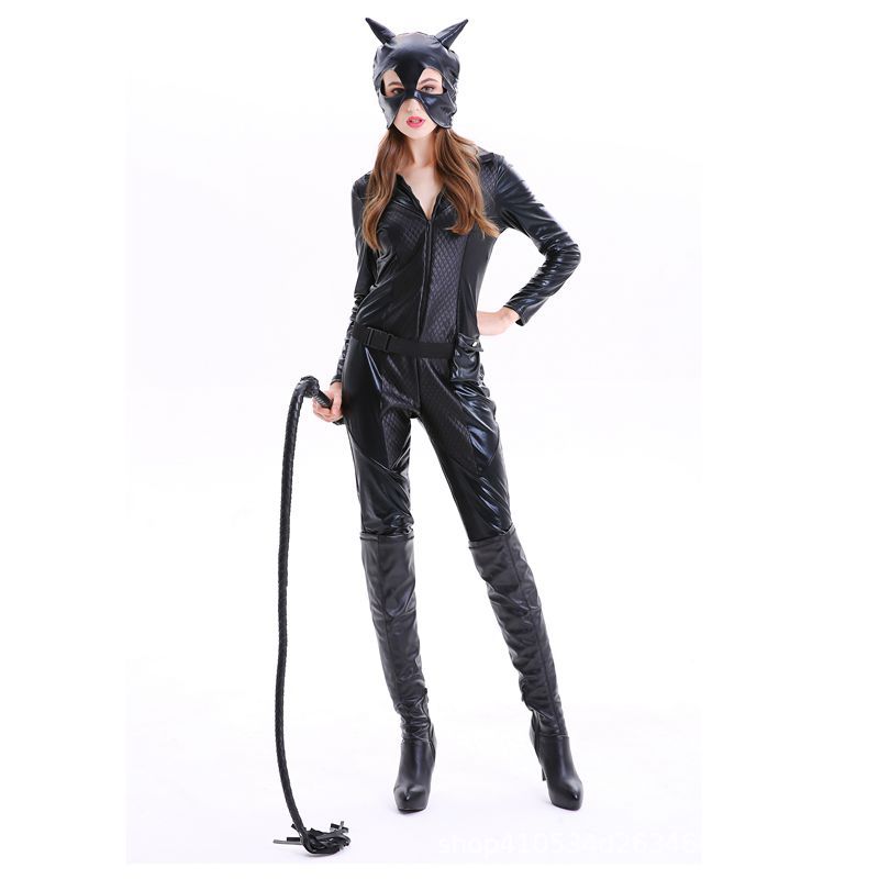 One-Piece Catwoman Halloween Party Patent Leather Catwoman Nightclub Cosplay Costume Black Tight Game Suit