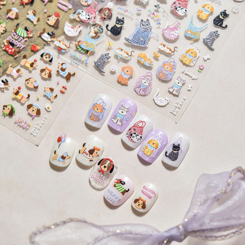 Happy Cute Pet Cat and Puppy Nail Art Stickers Embossed New 3D Stereo 5D Cute Nail Sticker Decorations