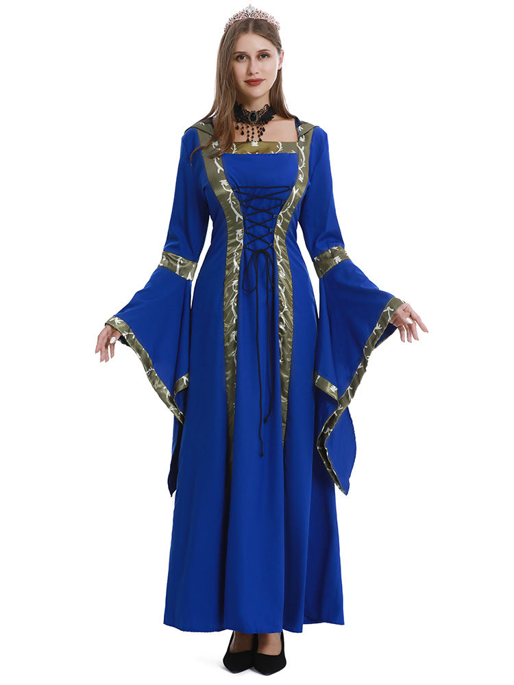European and American Halloween Retro Medieval Hooded Dress Square Collar Lace-up Trumpet Sleeve Large Dress Stage Performance Dress