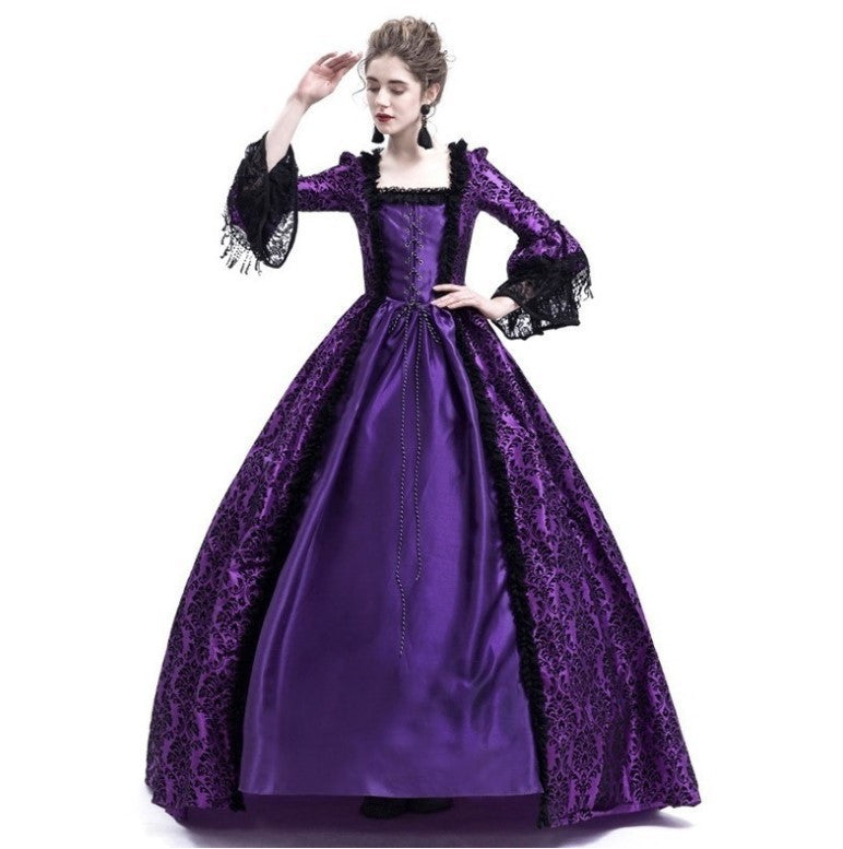 Cross-border foreign trade Halloween Victorian court dress women's long dress lace stitching bell sleeve dress women