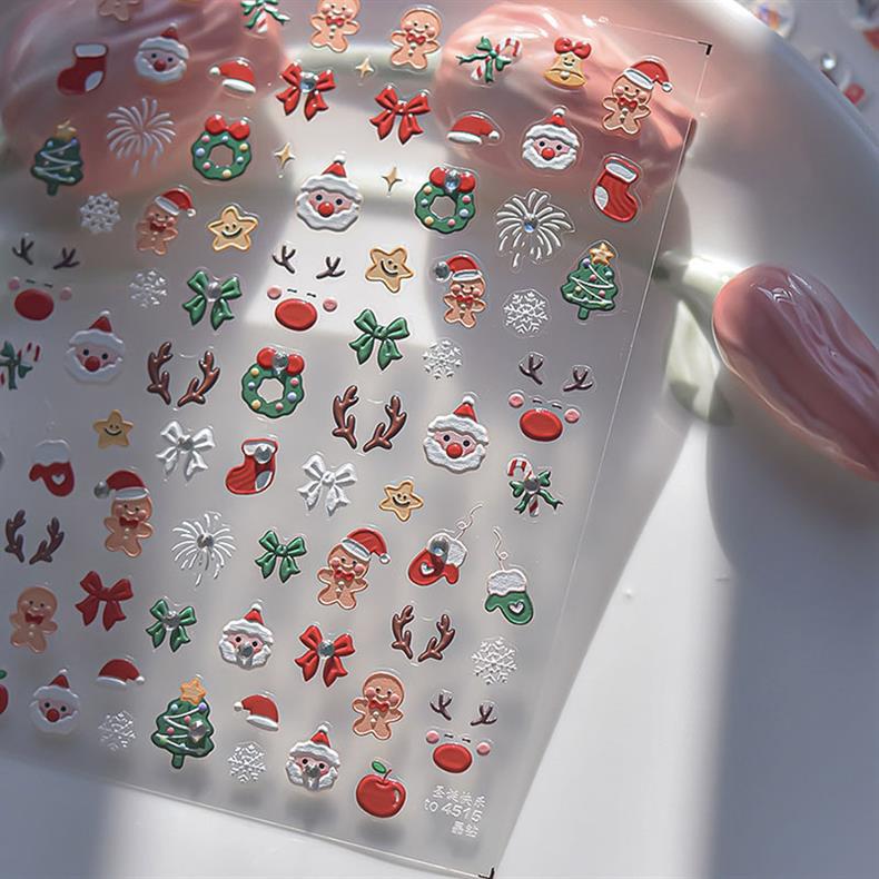 Crystal Diamond Happy Christmas Nail Art Stickers Tomoni Embossed Ins Cute Elk Gingerbread Man Nail Sticker Decoration