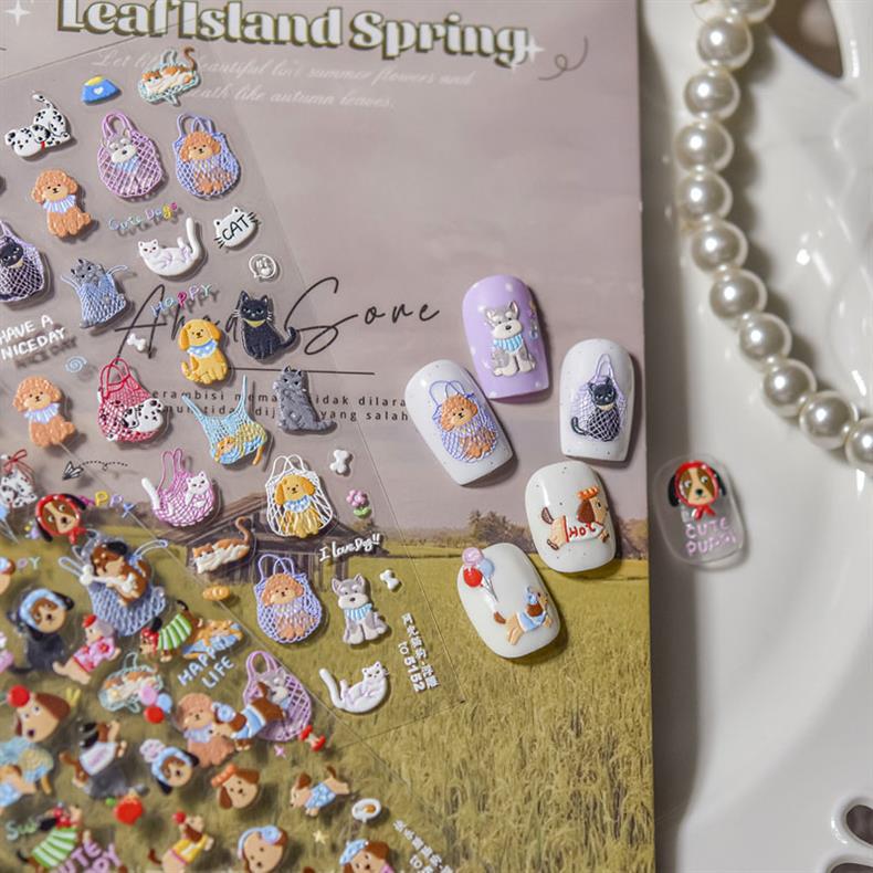 Happy Cute Pet Cat and Puppy Nail Art Stickers Embossed New 3D Stereo 5D Cute Nail Sticker Decorations