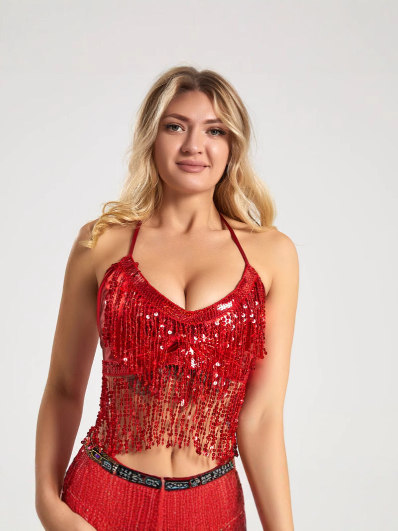 Halloween European and American sequins watch performance top belly dance tassel top DS nightclub stage sling party bra