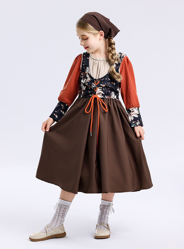 Foreign Trade Supply Medieval Pastoral Style Farm Girl Dress Retro Oil Painting Style Halloween Children's Clothing
