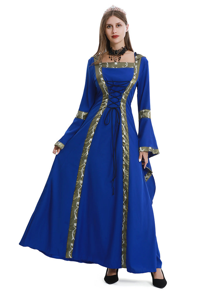 European and American Halloween Retro Medieval Hooded Dress Square Collar Lace-up Trumpet Sleeve Large Dress Stage Performance Dress
