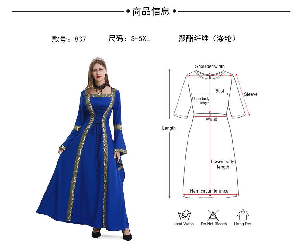 5XL Castle Queen Halloween Retro Medieval Hooded Dress Square Neck Lace-Up Swing Skirt Stage Performance