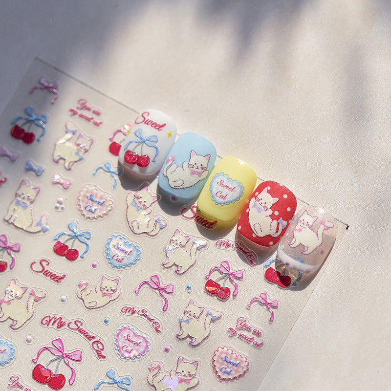 Cherry Kitten Nail Art Stickers New Embossed 5D Stereo Cute Bow Cute Pet Nail Sticker Decoration