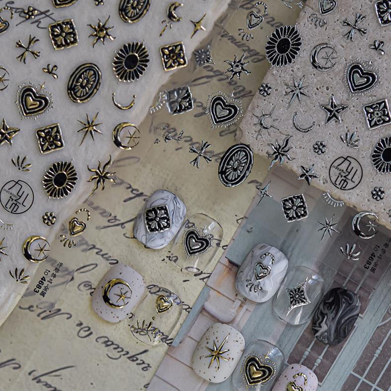 Metal Star and Moon Nail Art Stickers Embossed New 3D Stereo Popular Ins Gold and Silver Punk Nail Sticker Decorations