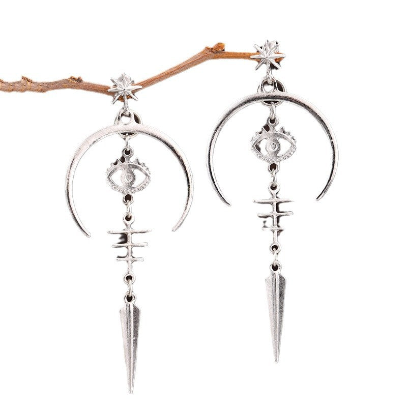 Gothic Devil's Eye Punk Earrings Halloween Accessories Ancient Silver Moon Metal Long Earrings Cross-Border