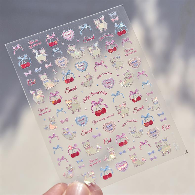 Cherry Kitten Nail Art Stickers New Embossed 5D Stereo Cute Bow Cute Pet Nail Sticker Decoration