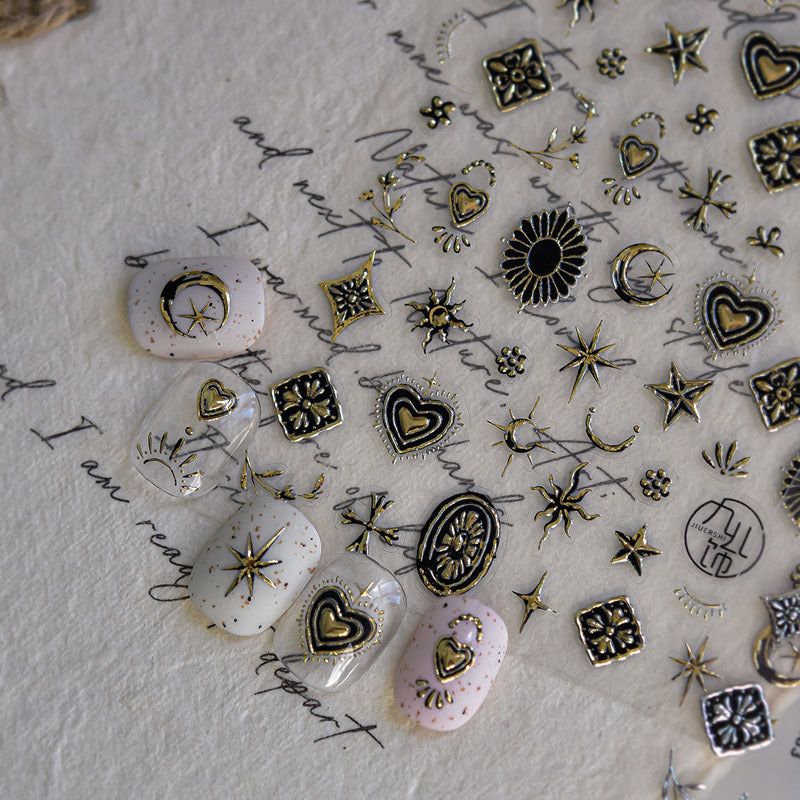 Metal Star and Moon Nail Art Stickers Embossed New 3D Stereo Popular Ins Gold and Silver Punk Nail Sticker Decorations