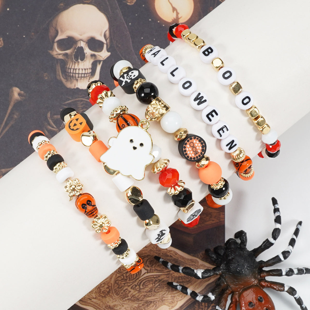 Halloween Bracelet Boo Halloween European and American Cross-Border Beaded Elastic Halloween Bracelet 6 Pieces/Set