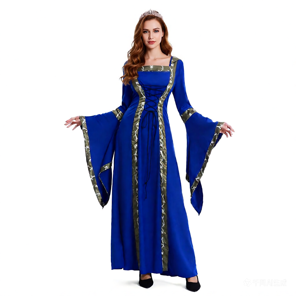 5XL Castle Queen Halloween Retro Medieval Hooded Dress Square Neck Lace-Up Swing Skirt Stage Performance