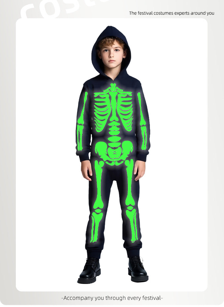Cross-border Halloween Children's Costume Skull Skeleton White Luminous Ghost Costume Playing One-piece Hooded Costume Costume