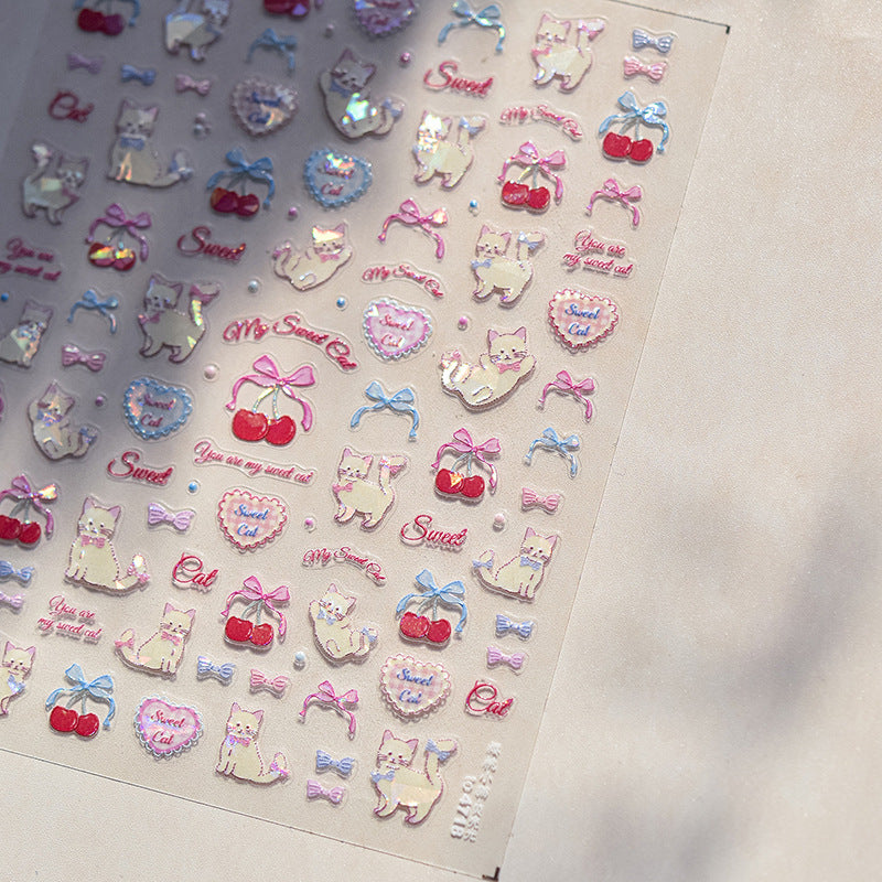 Cherry Kitten Nail Art Stickers New Embossed 5D Stereo Cute Bow Cute Pet Nail Sticker Decoration
